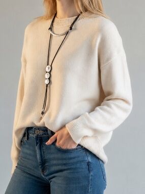 Black Leather Lariat Necklace with Silver Accents